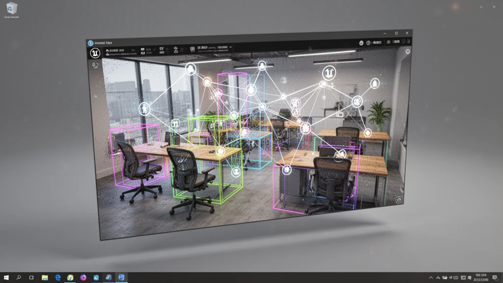 Segmented 3D scene overlaid with a graph of object nodes and spatial-relation edges